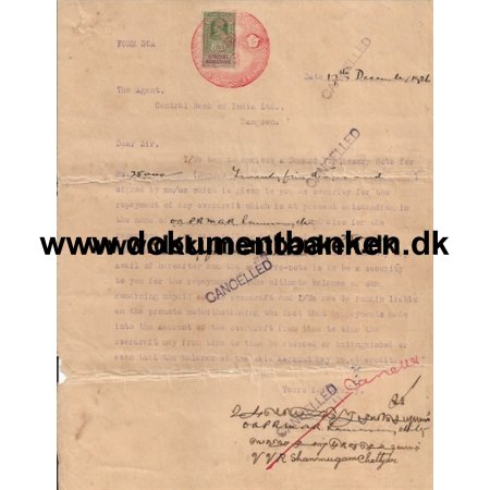 Burma (Myanmar) Stempelmrke Dokument King George d V. 1926