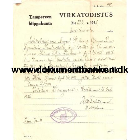 Finland. Servicecertifikat fra stift i Tampere. 1925