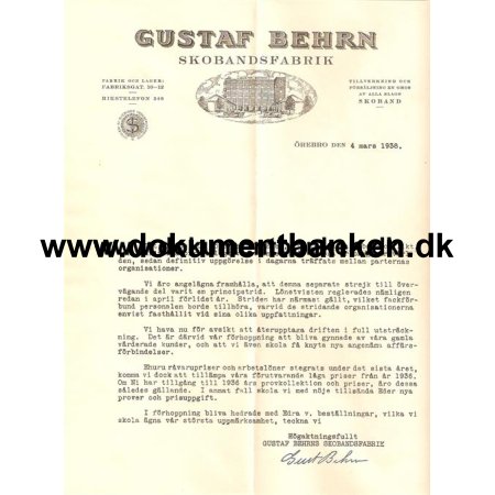Gustav Berhn. Skobandfabrik. rebro. Sverige  4 marts 1938