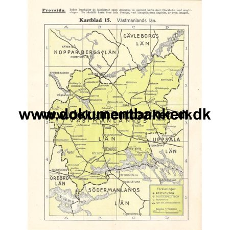 Kort over Vstmanlands ln med Postkontorer og Jernbanestationer. Sverige. 1937