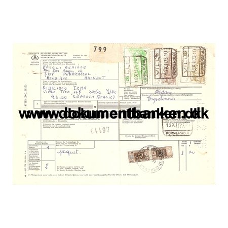 Belgien. Internationalt Adressekort med Italiensk Pakkeporto.