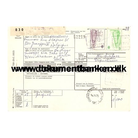 Belgien. Internationalt Adressekort med Italiensk Pakkeporto.