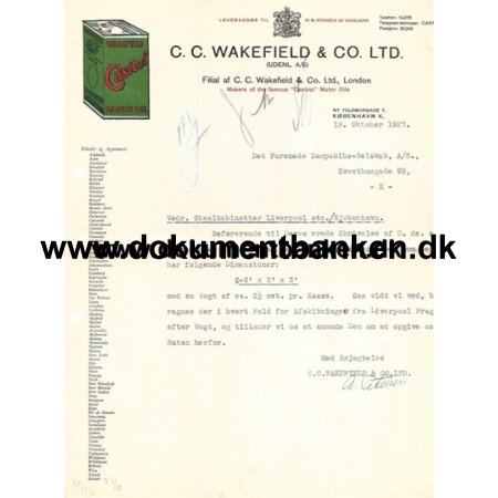 C.C. Wakefield & CO LTD.  Castrol London Faktura 1927