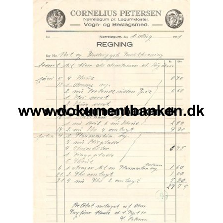 Cornelius Petersen Vogn- og Beslagsmed Lgumkloster Regning 1937