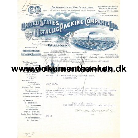 United States Metallic Packing Company Ltd. Bradford England Faktura 1931