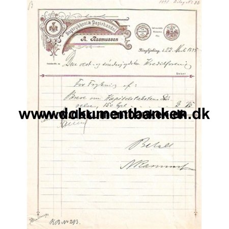 A. Rasmussen Bogtrykkeri & Papirhandel Ringkjbing Regning 1895