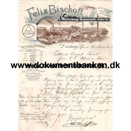 Felix Bischoff Werkzeug-Gussstahl-Fabrik Duisburg Tyskland Faktura 1894
