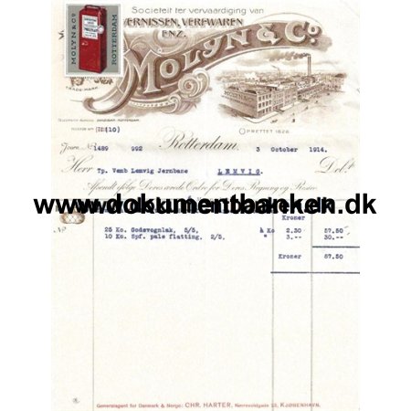 Molyn & Co. Vernissen Verfwaren Enz. Rotterdam Holland Faktura 1914