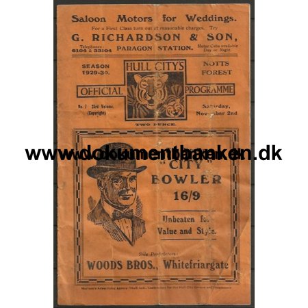 Fodbold Program Hull City - Notts Forest England 1929-30