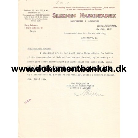 Silkeborg Maskinfabrik Zeuthen & Larsen Faktura 1929