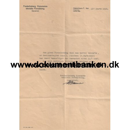 Hans Olaf Jacobsen fdt 29 august 1922 Bornholm Ansttelsesattest 1948