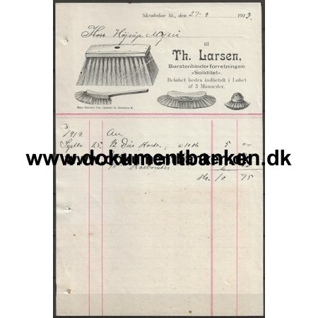 Th. Larsen Brstenbinderforretningen "Soliditet" Skrbelev St. Langeland Regning 