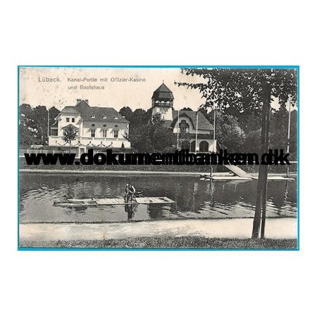 Lbeck, Kanalpartie mit Offizier Kasino und Boothaus, Tyskland, Postkarte