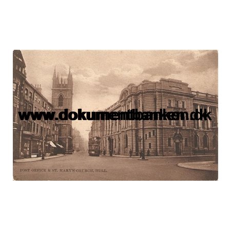 Sporvogn, Post Office and St. mary's Church, Hull, England, Postkort