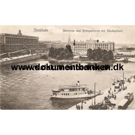 Sverige. Stockholm. Norrstrm med Strparterren och Riksdagshuset. Vykort. 1910