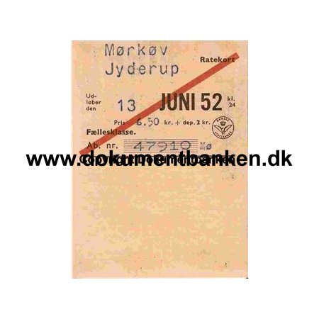 DSB Ratekort Mrkv - Jyderup 1952