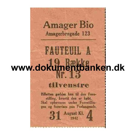 Bio Billet - Amager Bio - 1942