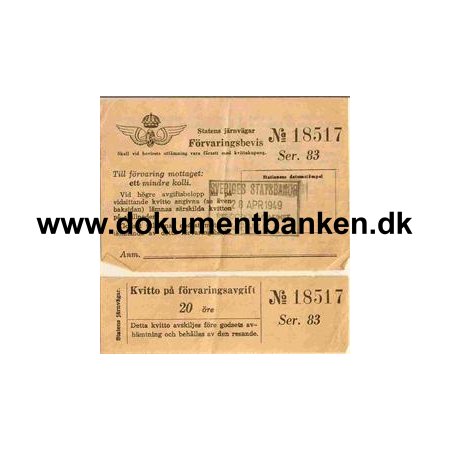 Statens jernbaner ( Sverige ) Opbevaringsbevis 20 re 1949