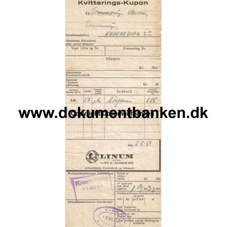 Knarreborg 11 Maj 1951 Fragtbrev Kvitterings kupon