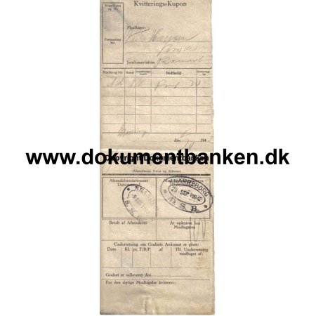 Knarreborg 29 September 1942 Fragtbrev / Kvitterings-kupon