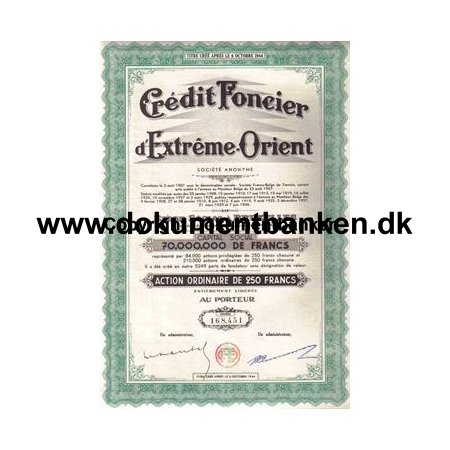 Belgien Credit Foncier d'Extreme-Orient 6 Oktober 1944
