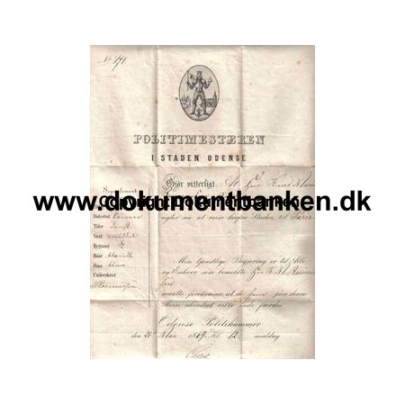 Pas udstedt af politimesteren i Odense 1869