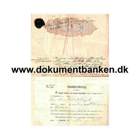 Rejsepas fra Malm 1851 med 1 Riksdaler stempelmrk. og sundhedsbetyg dateret Lbeck 22 maj 1854